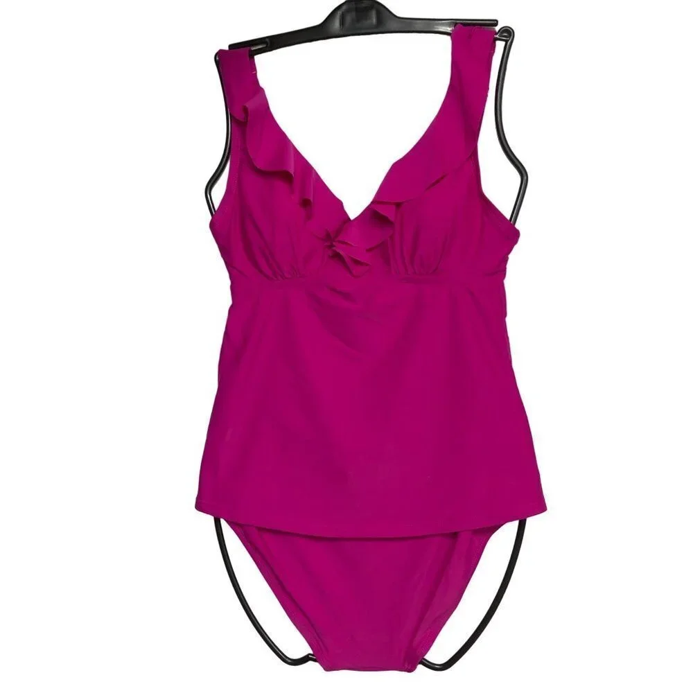 DKNY V NECK $118 Ruffle Women’s Two -Piece Swimsuit Pink SM NEW WITH TAG - Picture 5 of 10